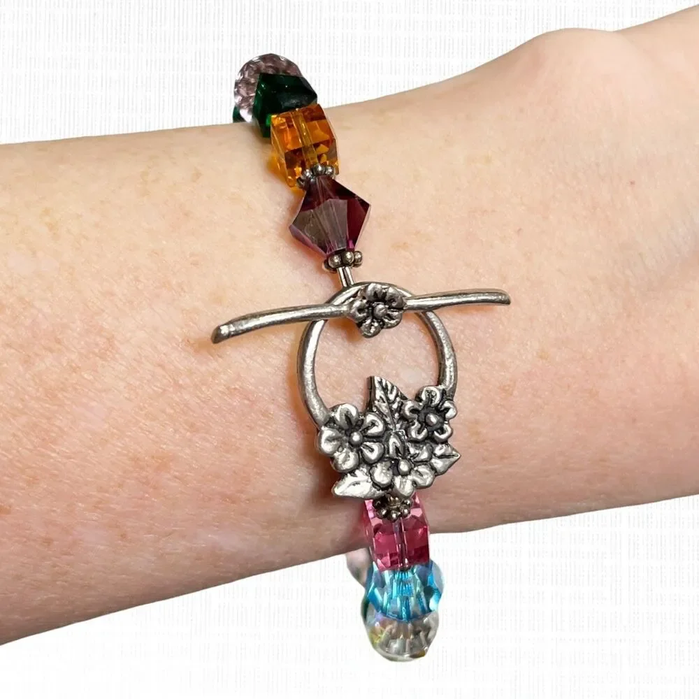 Crystal Bead Bracelet Silver Tone Floral Toggle Clasp Mixed Shapes Faceted Glass